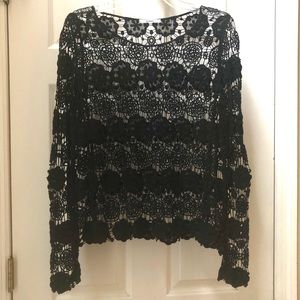 Acemi Black Lace Long Sleeve Scoop Neck Top Sz S